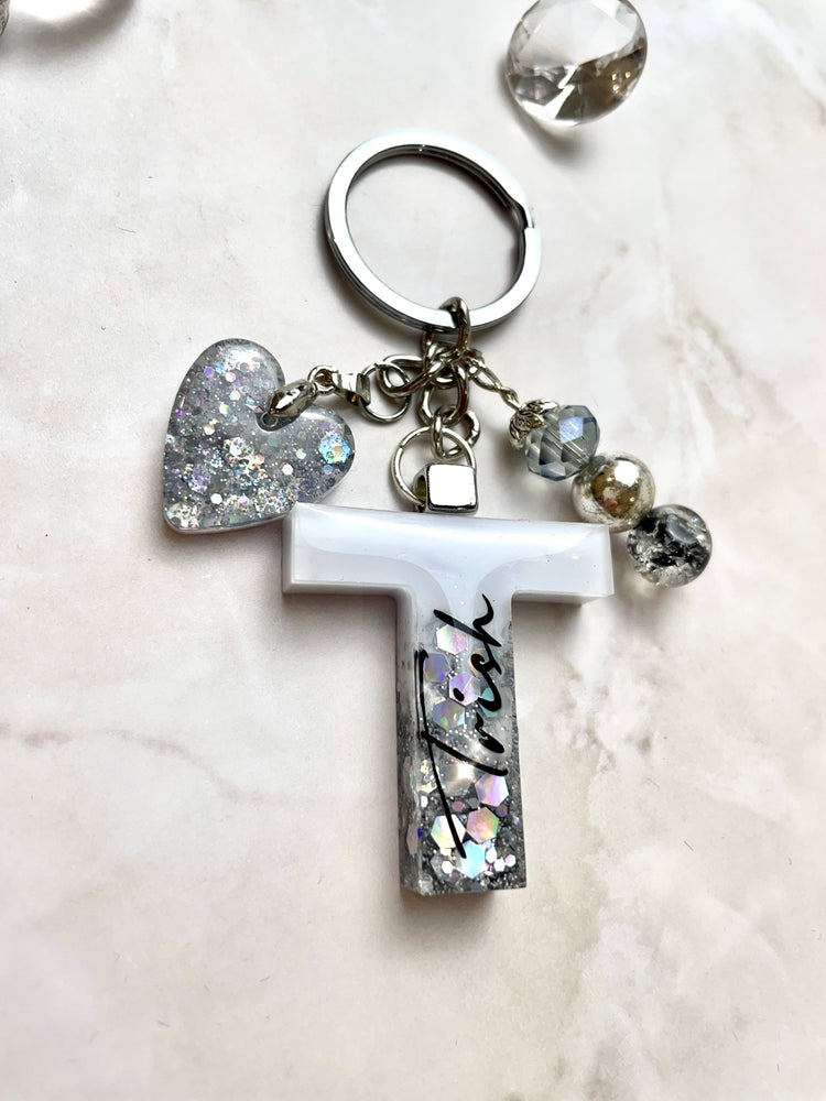 Silver and White Initial Keyring
