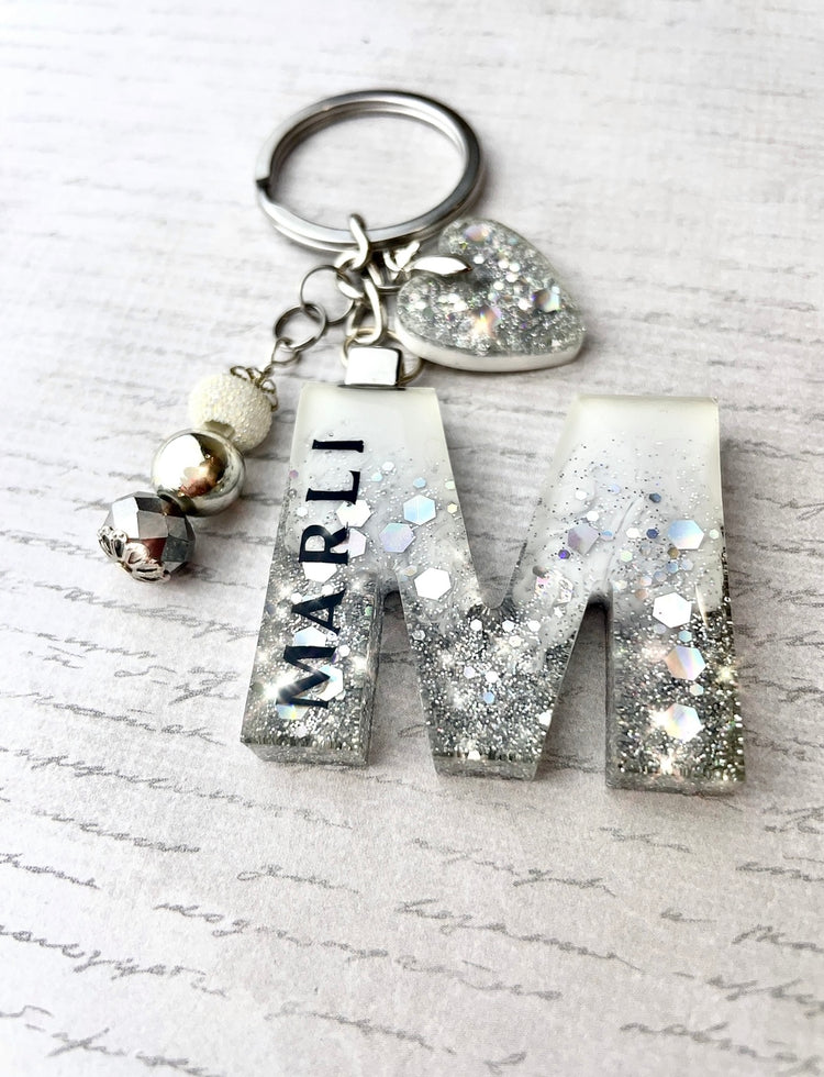 Silver and White Initial Keyring