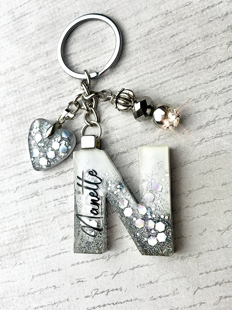 Silver and White Initial Keyring