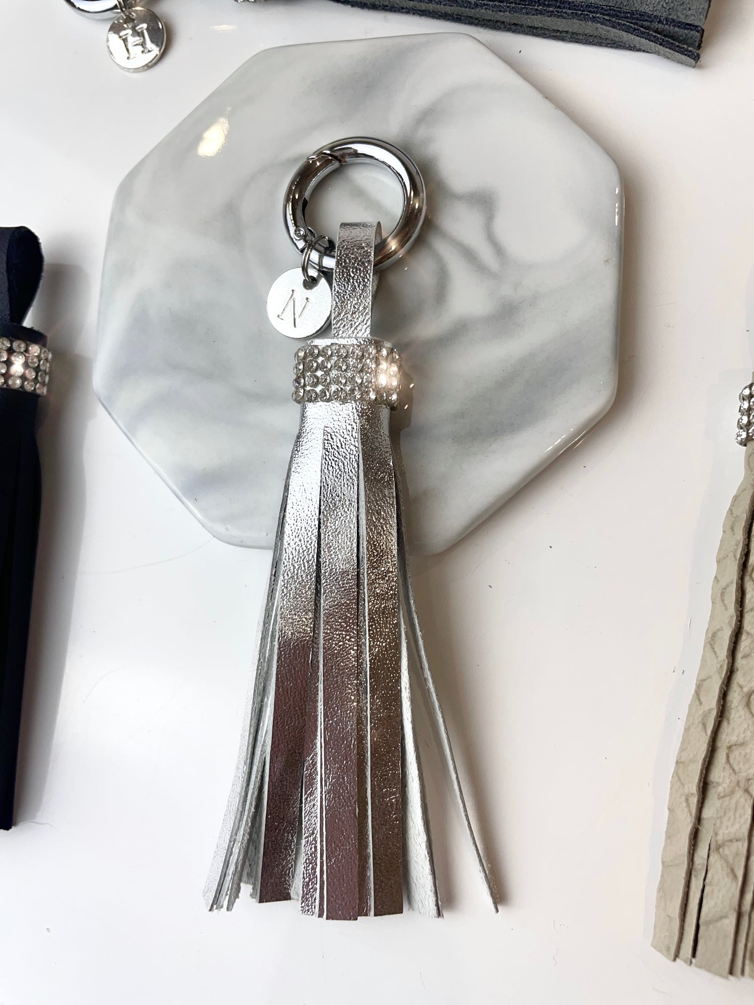 Leather Tassel Keyring -Silver